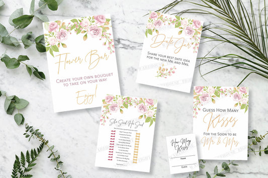 Pink Floral Bridal Shower Sign/Game Bundle - Digital Download